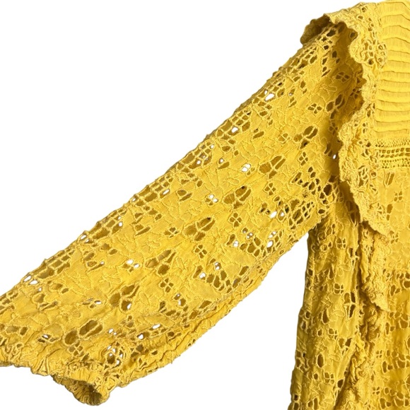Anthropologie Clementine Peasant Blouse SZ 6 Yellow Eyelet Ruffles Boho Hipster - Picture 5 of 11